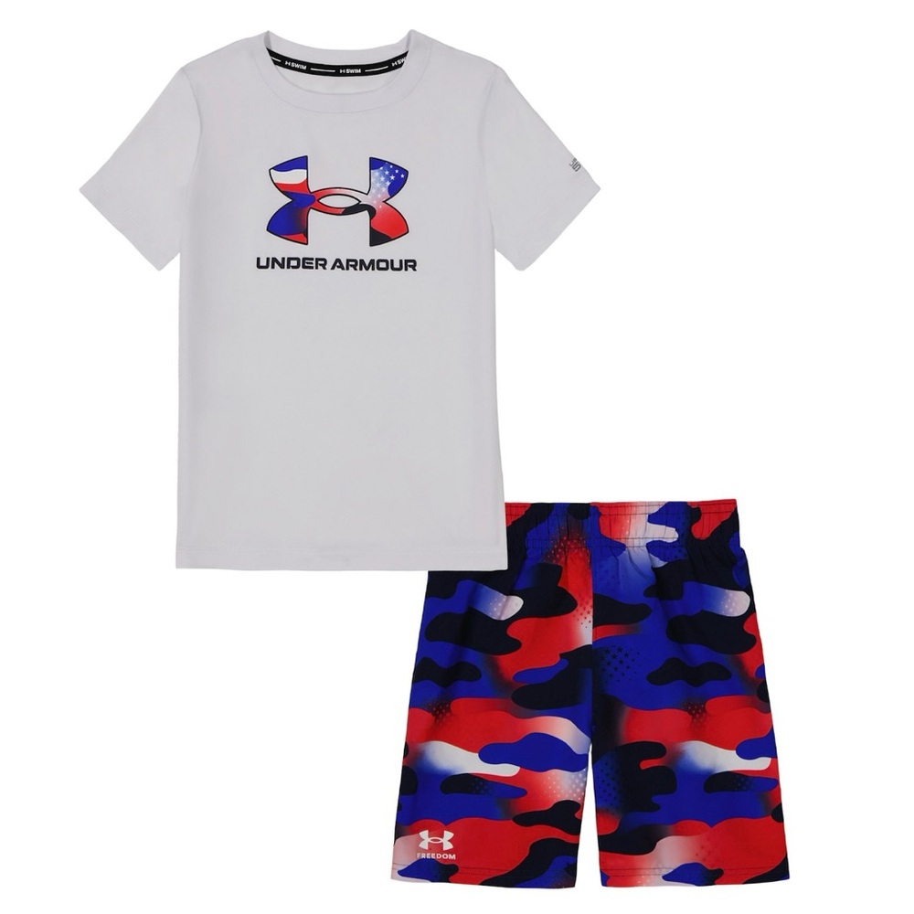 NEW Little Boy Under Armour Rashguard & Swim Trunks Set, Red White Blue